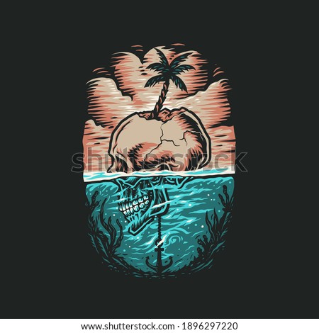 Skull summer beach t shirt graphic design, hand drawn line style with digital color, vector illustration
