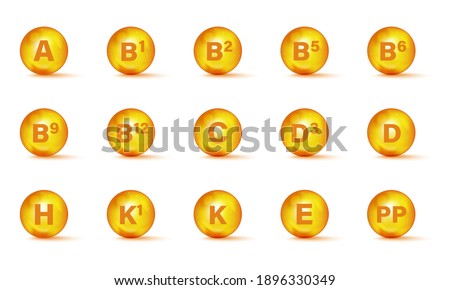 Set of Multi Vitamin complex icons. Multivitamin supplement. Vitamin A, B group B1, B2, B3, B5, B6, B9, B12, C, D, D3, E, K, H, K1, PP. Essential vitamin complex. Healthy life concept Royalty-Free Stock Photo #1896330349