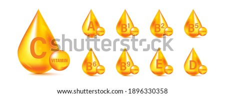 Set of Multi Vitamin complex icons. Multivitamin supplement. Vitamin A, B group B1, B2, B3, B5, B6, B9, B12, C, D, D3, E, K, H, K1, PP. Essential vitamin complex. Healthy life concept Royalty-Free Stock Photo #1896330358