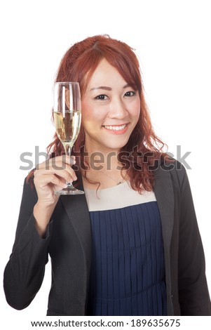 Asian girl smile doing cheers with wine glass  isolated on white background
