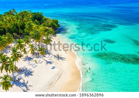 Aerial drone view of the beautiful small island and palm trees of Atlantic Ocean. Cayo Levantado island, Samana, Dominican Republic. Royalty-Free Stock Photo #1896362896