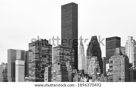 Black and white picture of New York City east side skyline, USA.