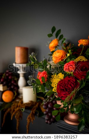 Fall Lifestyle Floral Arrangement Black Background Vertical Orange Peach Burgundy White 