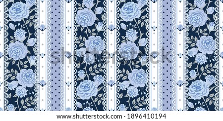 Seamless vintage background, border. Vector floral striped pattern with roses and laces for wallpaper, fabric, gift wrap, digital paper, fills, etc.