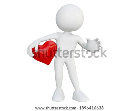 3D RENDER ILLUSTRATION. CARTTOON CHARACTER CLIPPING PATH on isolated white background. Happy funny man smiling face toy holding hug red love heart on hand. plastic emotion cute human valentine day.