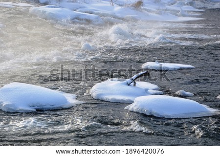 Mountain river in winter. Icebreaker of ice floes. Winter. Cold