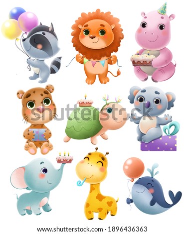 Cute animal portraits for congratulations - raccoon, lion, giraffe, hippo, elephant, koala, leopard, whale, turtle. Birthday design. Hand drawn characters.