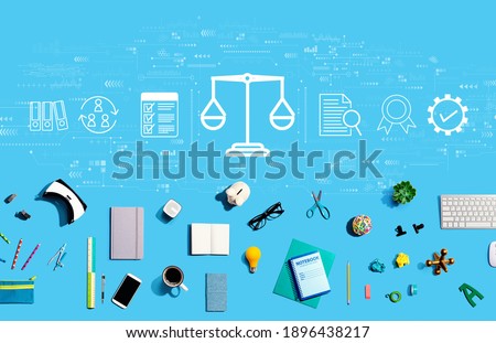 Legal advice service concept with collection of electronic gadgets and office supplies