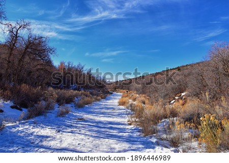 Winter snow mountain hiking trail views Yellow Fork Canyon County Park Rose Canyon by Rio Tinto Bingham Copper Mine, in winter. Salt Lake City, Utah. United States.