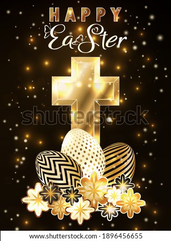 Happy Easter vip card with golden cross, eggs and flowers, vector illustration
