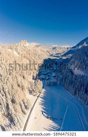vertical format picture with a view of the pedestrian suspension bridge and hermitage on the ruin ehrenberg in winter with a lot of snow and blue sky