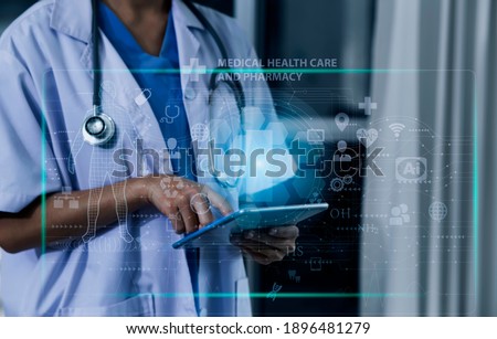 Double exposure of healthcare And Medicine concept. Female doctor hands working with modern virtual screen interface icons, blurred background.