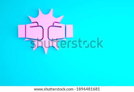 Pink Punch in boxing gloves icon isolated on blue background. Boxing gloves hitting together with explosive. Minimalism concept. 3d illustration 3D render.