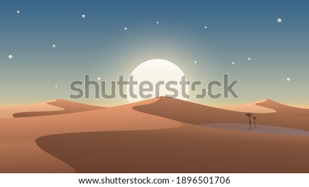 Desert cover with oasis and palm trees. Nature background. Vector illustration Royalty-Free Stock Photo #1896501706