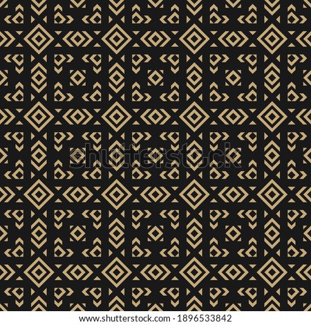 Golden geometric ornament texture. Vector seamless pattern with rhombuses, diamonds, squares, triangles, grid, lattice, tiles. Black and gold luxury ornamental background. Repeated decorative design