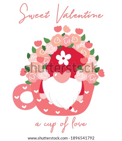 Cute Valentine Gnome in coffee cup with flower, sweet Valentine clip art, cartoon flat vector for t shirt printable, greeting card, sublimation 
