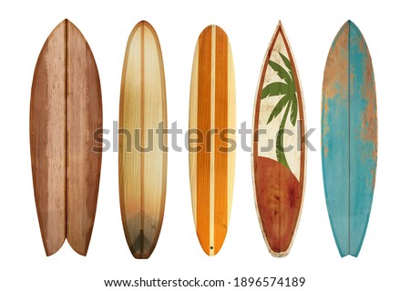 Collection vintage wooden surfboard isolated on white with clipping path for object, retro styles. Royalty-Free Stock Photo #1896574189
