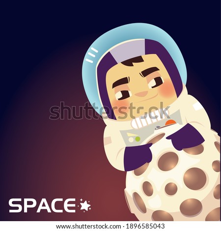 space spaceman in suit helmet with planet cartoon vector illustration