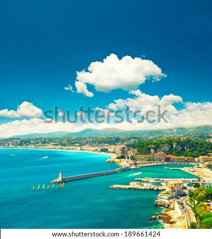 Mediterranean resort, Nice city, France, french riviera. Turquoise sea and perfect sunny blue sky. Retro style toned picture