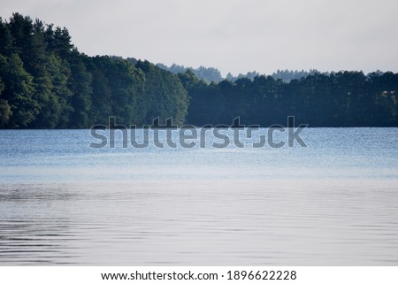 Sunny summer afternoon by the blue water lake at remote location of Vencavas, Lithuania with bright grey sky and forest trees in the background