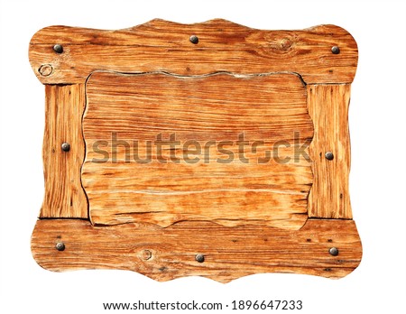 Old wooden signboard in russian style. Isolated on white background. Mock up template. Copy space for text