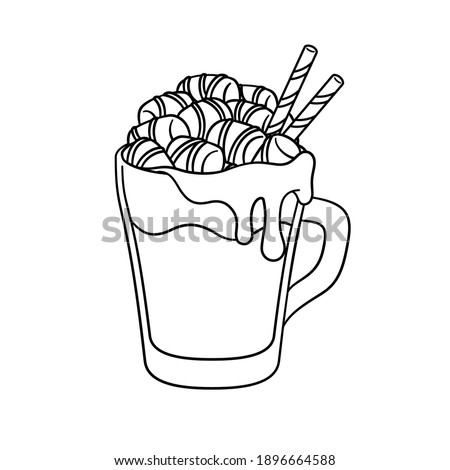 Hot chocolate drink with marshmallows, melted choco syrup and straws in tall glass mug outline line art template. Coloring book page for kids and adults.