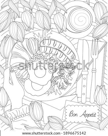 Breakfast Food Coloring Book Page For Adult Sausage Beans Eggs Croissant And Tulips Flower Coloring Book Page For Adult Wall Decor Galore Canvas And Paper Wall Art Prints