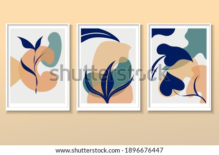 Set of Minimalist postcard nature leaves, abstract shapes. Vector illustration in flat cartoon style. Design good for banners, web poster, flyers and brochures, greeting cards and covers 