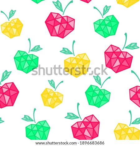 Geometric polygonal fruit. Red, green and yellow apples on a white background. Vector seamless pattern, template for wallpaper, wrapping paper, packaging, printing on fabric, textile, clothes and bags