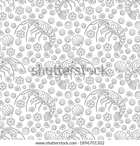 Seamless illustration with contour shrimps, flowers and shells, dark outline animals on a white background