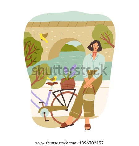Calm young woman relaxing, contemplating and enjoying calmness and solitude in park. Concept of slow life. Hand-drawn colored flat vector illustration isolated on white background
