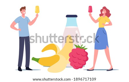 Tiny Male and Female Characters with Fruit Ice Cream Popsicle at Huge Yoghurt Bottle and Fruits. Homemade Icecream Summer Food, Delicious Sweet Dessert, Cold Treat. Cartoon People Vector Illustration