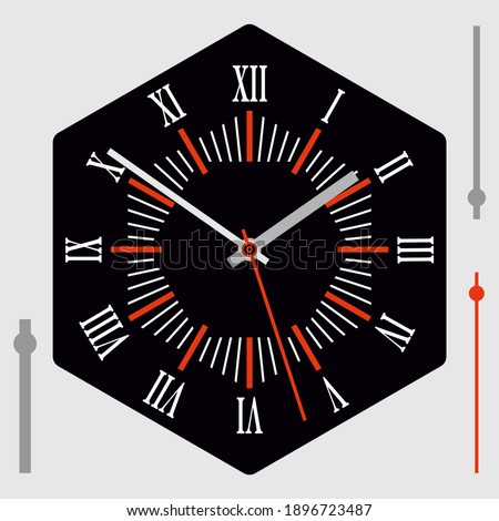 Hexagonal watch dial on black background. Hour, minute and second hands. Roman numerals. Vector illustration