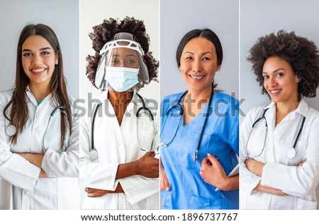 Collage of group of professional doctor nurse people over isolated background with a happy and cool smile on face. Lucky person. Medical staff around the world - ethnically diverse headshot portraits 