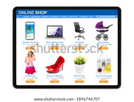 Isolated tablet with sample online store website on screen Royalty-Free Stock Photo #1896746707