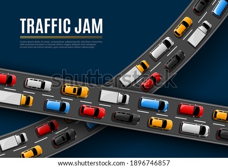 Traffic jam vector poster with cars driving on road top view. Rush hour in city, vehicles on two lane highway. Automobiles stand in rows, traffic jam problem of megalopolis, transport congestion Royalty-Free Stock Photo #1896746857