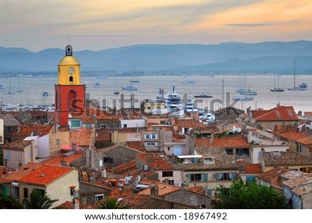 View at St.Tropez and anchored ships at sunset in French Riviera Royalty-Free Stock Photo #18967492