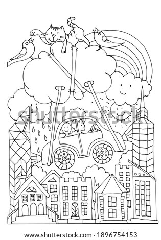 Funny coloring page. Boy and girl in a car fly over the city. Worksheet for kids. Hand drawn vector.