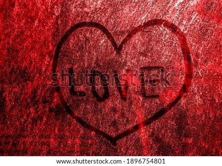 one heart Painted on dirty glass background. window backdrop. 14th february. happy Valentines day. word - LOVE - inside heart. red color