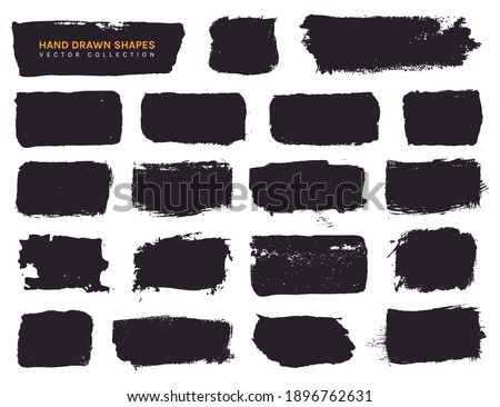 Paint brush stains and grunge hand drawn shapes for frames, banners, labels, text boxes, clipping masks or other art designs. Vector textures isolated on white backgrounds.