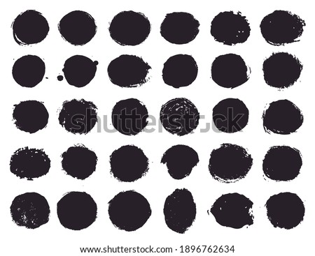 Paint brush stains and ink blots of circle shapes for frame, banner, label, text box, clipping masks or other art design. Vector grunge textures isolated on white backgrounds.