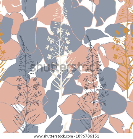 Vector floral seamless pattern. Realistic hand drawn flowers and leaves in pastel colors on white background.

