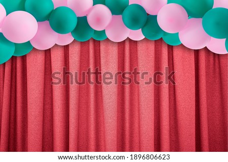 red fabric backdrop with flying balloons. Picture for decoration element and design art work banner.
