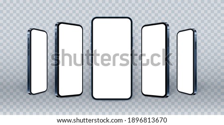 3D smartphone mockups isolated on transparent background. Blue realistic mobile phone templates with blank screen, new model. Standing concept for your web or app design, vector illustration.
