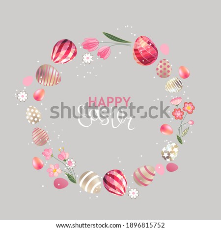 Festive greeting card with easter eggs and spring flowers