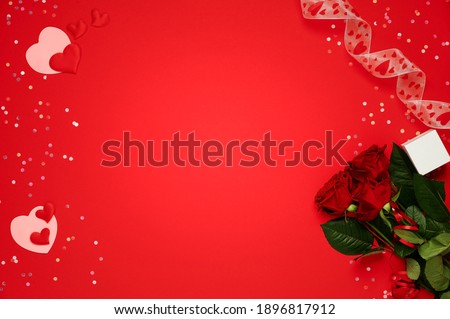 Happy valentine, template. Bunch of red roses with a box for ring and soft hearts over red background