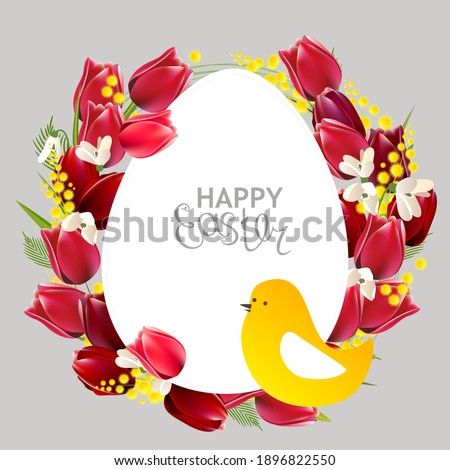 Festive greeting card with easter eggs and spring tulips
