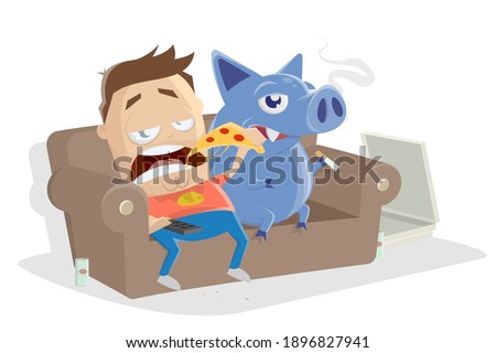 lazy cartoon man sitting on the sofa eating pizza with his inner pig dog