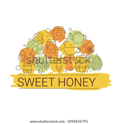 Vector illustration of honey and beekeeping icons. Honey farm objects. Eco sweet organic fresh healthy products.