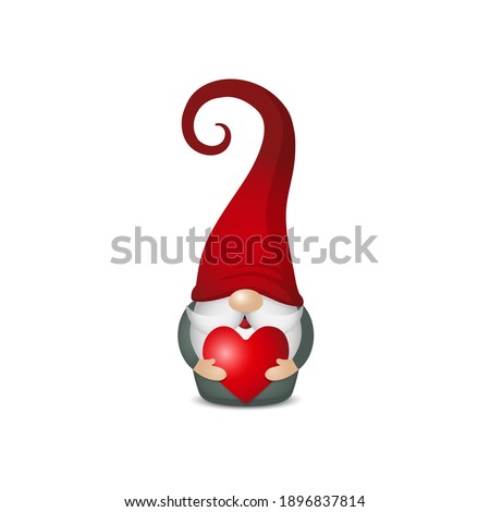 scandinavian gnome with red hats holds heart in hands, cute nordic tomte, stock vector illustration character clip art isolated on white background for Valentines day card, banner, poster design